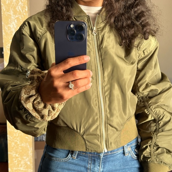 H&M Olive Green Front Zip Crop Bomber Jacket - Picture 11 of 12